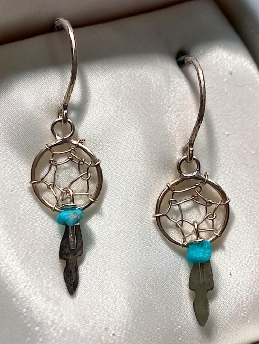 Vintage Sterling Native American Turquoise Dream Catcher Earrings